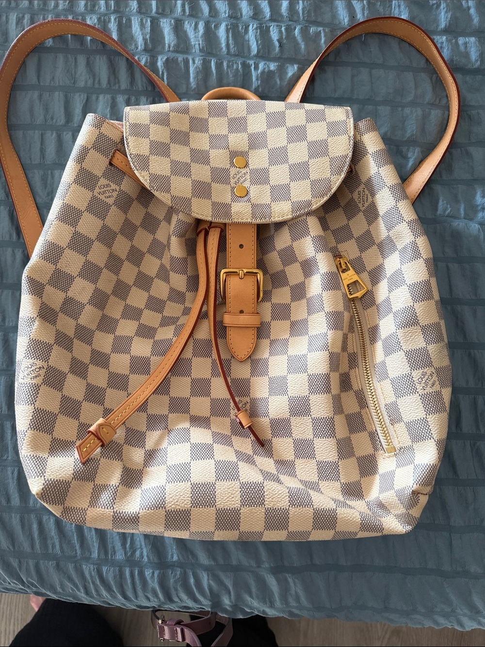Designer-Style Cream and Light Gray Checker Backpack